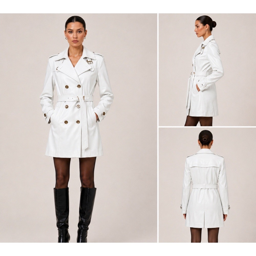 Vtg Italian Vera Pelle White Genuine Leather Trench Coat Belted IT 48 Medium